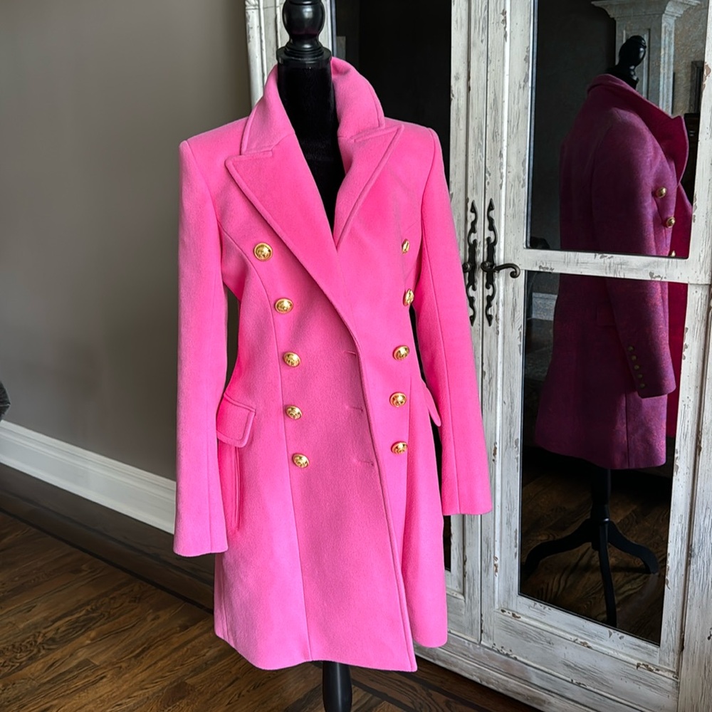 Balmain pink Barbie coat overcoat double breasted blazer gold button sz 38 $3695 - Picture 2 of 12